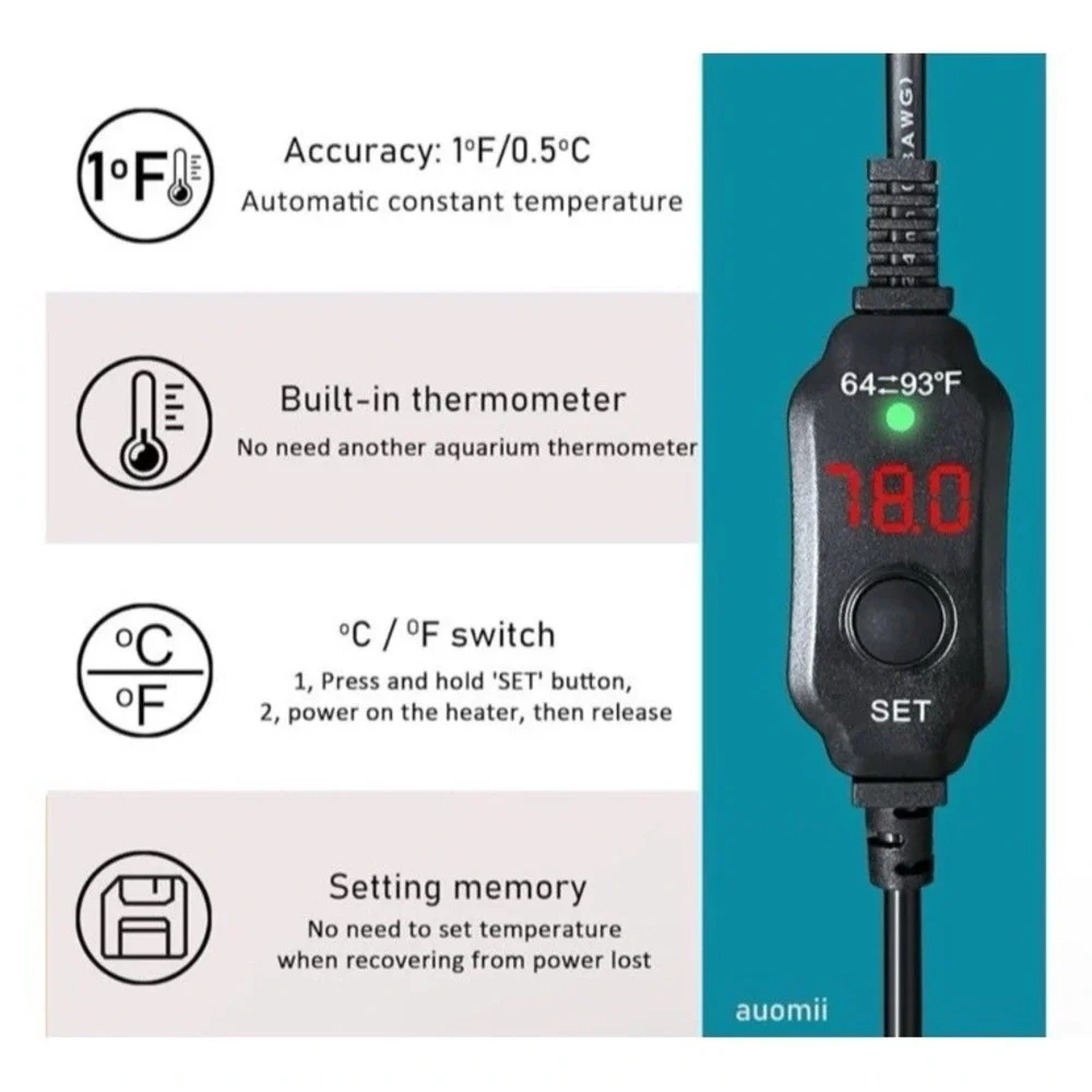 20W Mini Submersible Aquarium Heater Small With  Temp Display & Thermometer Fish